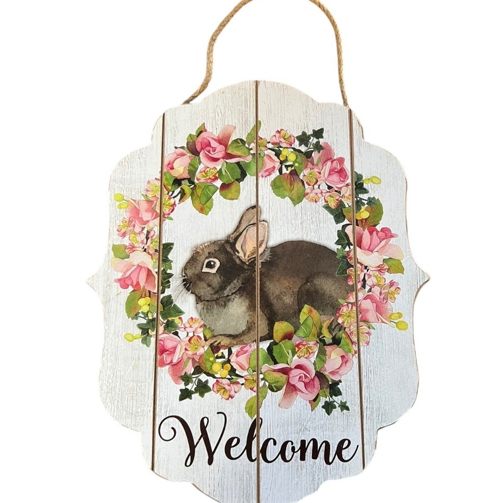 Spring Bunny Welcome Door Hanger Floral Wreath Rustic Easter‎ Wall Decor